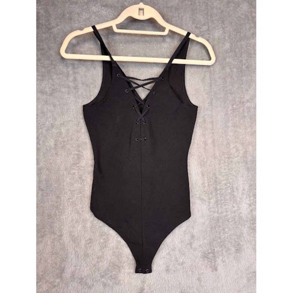 Express Womens Black Ribbed Lace Up Back V-Neck Sleeveless Bodysuit Size S